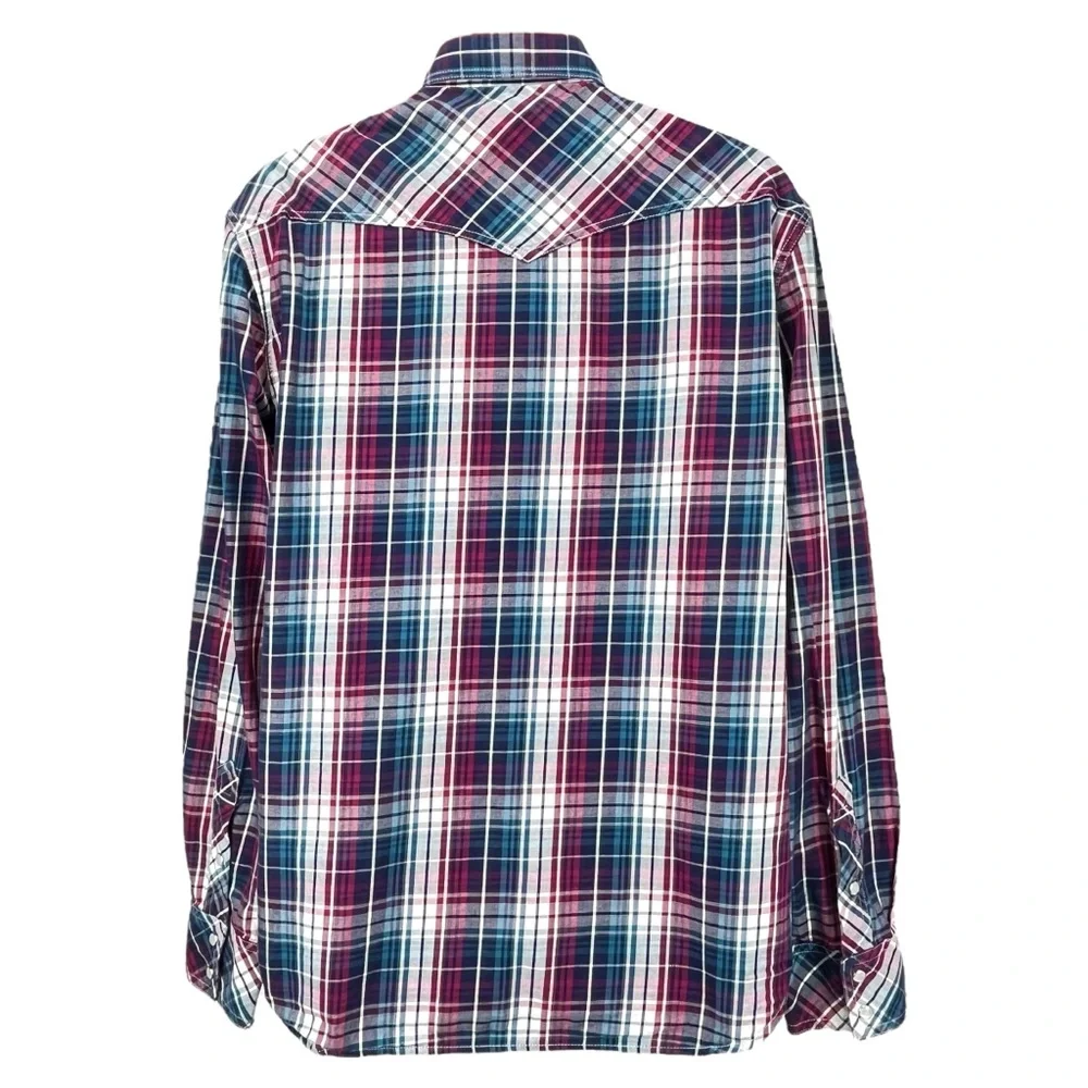 True Religion Mens‎ XL Plaid Western Pearl Snap Shirt Red Blue